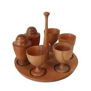 Vintage MCM Wooden Tray with Salt and Pepper and 4 Egg Cups Napco Giftcraft